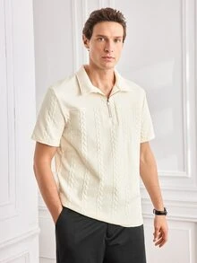 Officeau Men's Fashion Top, Spring/Summer Outdoor Casual Wheat Texture Fabric, Solid Color Polo Shirt With Lapel, Zipper And Patchwork Short Sleeve - Apricot - View 6