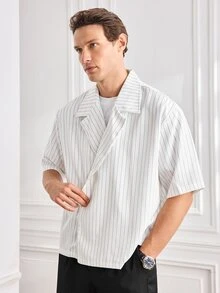 Officeau GloMan Men's Summer Striped Loose Short Sleeve Casual Shirt.For Daily.Vacation.Office Casual Wear,Beach Trips,Men's White Shirt.Father's Day Gift. - White - View 7