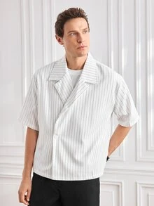 Officeau GloMan Men's Summer Striped Loose Short Sleeve Casual Shirt.For Daily.Vacation.Office Casual Wear,Beach Trips,Men's White Shirt.Father's Day Gift. - White - View 6