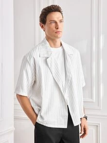 Officeau GloMan Men's Summer Striped Loose Short Sleeve Casual Shirt.For Daily.Vacation.Office Casual Wear,Beach Trips,Men's White Shirt.Father's Day Gift. - White - View 5