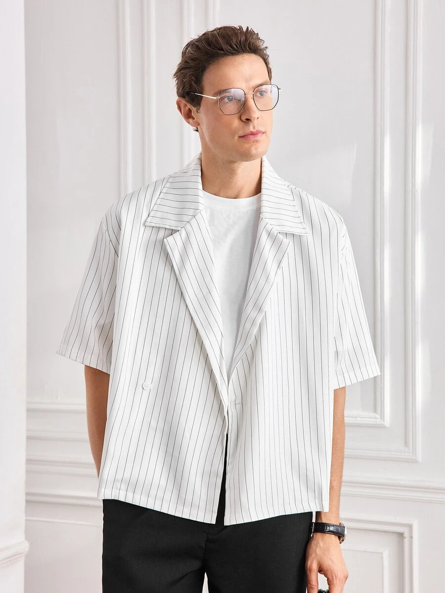 Officeau GloMan Men's Summer Striped Loose Short Sleeve Casual Shirt.For Daily.Vacation.Office Casual Wear,Beach Trips,Men's White Shirt.Father's Day Gift. - White - View 1