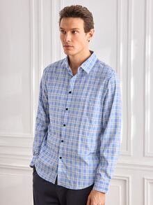Officeau Kemeja Kasual Pria Lengan Panjang Motif Kotak-kotak untuk Perjalanan Sehari-hari - Dusty Blue - View 6