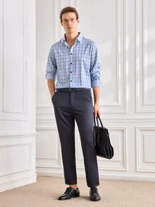 Officeau Kemeja Kasual Pria Lengan Panjang Motif Kotak-kotak untuk Perjalanan Sehari-hari - Dusty Blue - View 4