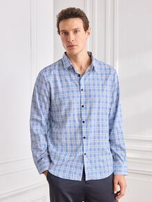 Officeau Kemeja Kasual Pria Lengan Panjang Motif Kotak-kotak untuk Perjalanan Sehari-hari - Dusty Blue - View 7