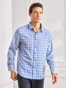 Officeau Kemeja Kasual Pria Lengan Panjang Motif Kotak-kotak untuk Perjalanan Sehari-hari - Dusty Blue - View 5