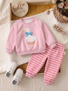 Kids Kids Newborn Duck Embroidery Sweatshirt And Striped Pants Set Baby - White - View 4