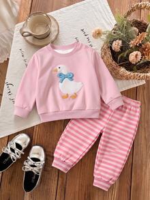 Kids Kids Newborn Duck Embroidery Sweatshirt And Striped Pants Set Baby - White - View 6