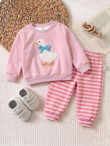 Kids Kids Newborn Duck Embroidery Sweatshirt And Striped Pants Set Baby - White - View 5