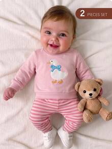 Kids Kids Newborn Duck Embroidery Sweatshirt And Striped Pants Set Baby - White - View 3