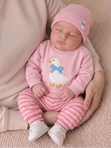 Kids Kids Newborn Duck Embroidery Sweatshirt And Striped Pants Set Baby - White - View 1