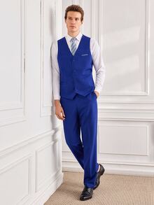 Officeau Men's 3 PiecesSuit Set, Elegant Solid Color Slim Fit Gentleman Vest Pants Tie Set, Business Commute Wedding Party Ball - Royal Blue - View 4