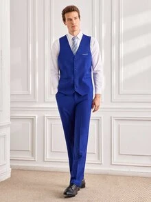 Officeau Men's 3 PiecesSuit Set, Elegant Solid Color Slim Fit Gentleman Vest Pants Tie Set, Business Commute Wedding Party Ball - Royal Blue - View 3