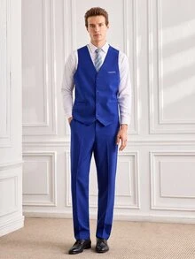 Officeau Men's 3 PiecesSuit Set, Elegant Solid Color Slim Fit Gentleman Vest Pants Tie Set, Business Commute Wedding Party Ball - Royal Blue - View 1