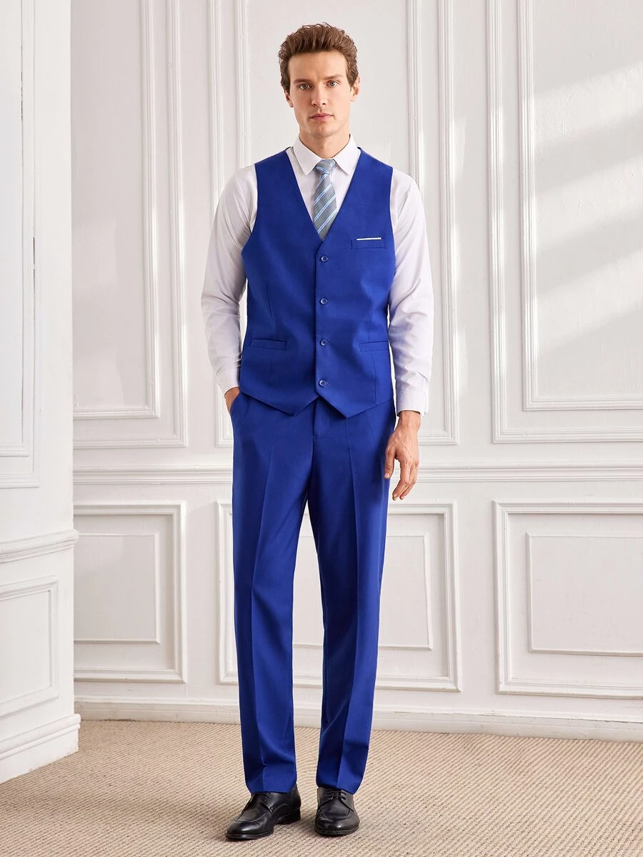 Officeau Men's 3 PiecesSuit Set, Elegant Solid Color Slim Fit Gentleman Vest Pants Tie Set, Business Commute Wedding Party Ball - Royal Blue - View 1