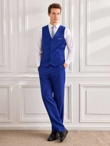 Officeau Men's 3 PiecesSuit Set, Elegant Solid Color Slim Fit Gentleman Vest Pants Tie Set, Business Commute Wedding Party Ball - Royal Blue - View 5
