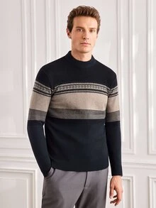 Officeau 男士厚款印花针织衫，休闲英伦风商务通勤针织衫，尺码偏小 - 黑色 - 查看 6