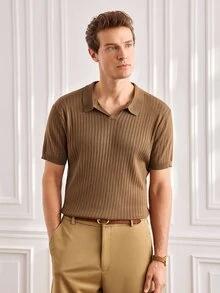 Officeau Men's Ribbed Airplane Collar Polo Knit Shirt, Short Sleeve, Summer Fashion - Brown - View 2