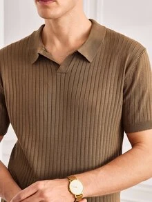Officeau Men's Ribbed Airplane Collar Polo Knit Shirt, Short Sleeve, Summer Fashion - Brown - View 8
