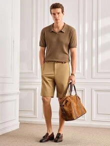 Officeau Men's Ribbed Airplane Collar Polo Knit Shirt, Short Sleeve, Summer Fashion - Brown - View 4