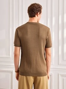 Officeau Men's Ribbed Airplane Collar Polo Knit Shirt, Short Sleeve, Summer Fashion - Brown - View 3