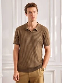Officeau Men's Ribbed Airplane Collar Polo Knit Shirt, Short Sleeve, Summer Fashion - Brown - View 7