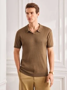 Officeau Men's Ribbed Airplane Collar Polo Knit Shirt, Short Sleeve, Summer Fashion - Brown - View 6