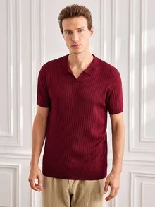 Officeau Men's Ribbed Airplane Collar Polo Knit Shirt, Short Sleeve, Summer Fashion, Comfortable - Burgundy - View 6
