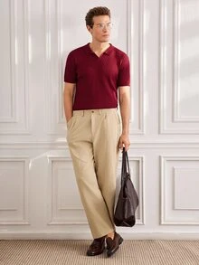 Officeau Men's Ribbed Airplane Collar Polo Knit Shirt, Short Sleeve, Summer Fashion, Comfortable - Burgundy - View 8