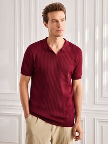 Officeau Men's Ribbed Airplane Collar Polo Knit Shirt, Short Sleeve, Summer Fashion, Comfortable - Burgundy - View 5