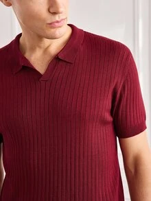 Officeau Men's Ribbed Airplane Collar Polo Knit Shirt, Short Sleeve, Summer Fashion, Comfortable - Burgundy - View 9