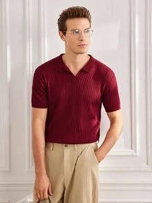 Officeau Men's Ribbed Airplane Collar Polo Knit Shirt, Short Sleeve, Summer Fashion, Comfortable - Burgundy - View 2