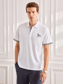 Officeau 1件男士夏季對比領馬匹印花 Polo 衫，冰絲快乾透氣商務休閒通勤上衣 - 白色 - 查看 5