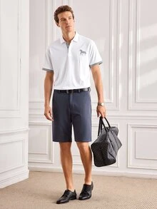 Officeau 1件男士夏季對比領馬匹印花 Polo 衫，冰絲快乾透氣商務休閒通勤上衣 - 白色 - 查看 3