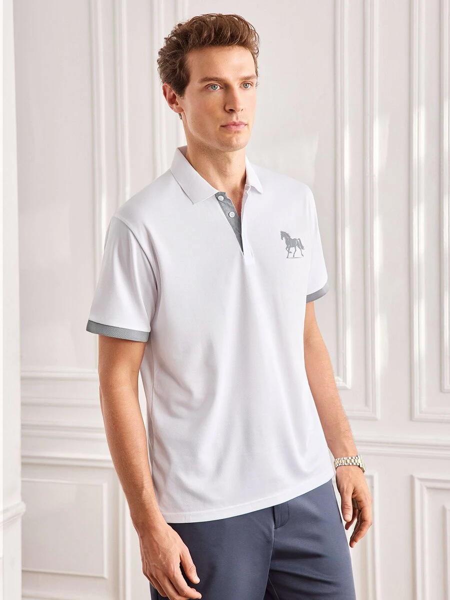 Officeau 1件男士夏季對比領馬匹印花 Polo 衫,冰絲快乾透氣商務休閒通勤上衣 - 白色 - 查看 1