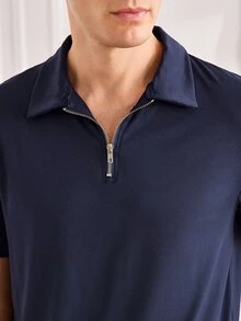 Officeau 男士纯色半开襟休闲百搭通勤短袖 Polo 衫 - 藏蓝色 - 查看 9