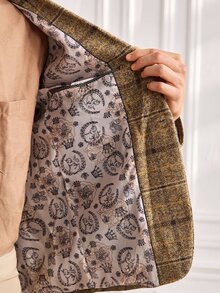 Officeau Men's Classic Brown Plaid Tweed Suit Jacket, Formal Blazer, Suitable For Office And Events - Khaki - View 6