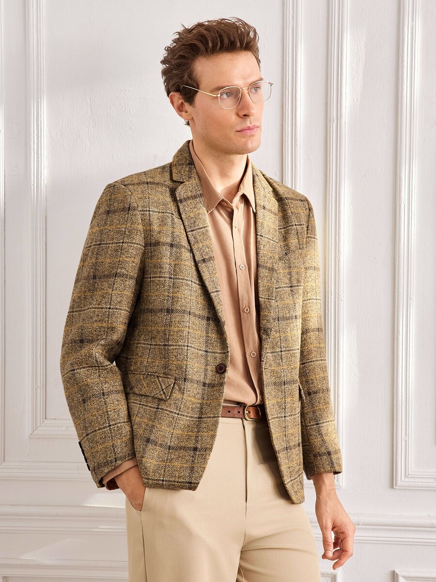 Officeau Men's Classic Brown Plaid Tweed Suit Jacket, Formal Blazer, Suitable For Office And Events - Khaki - View 1