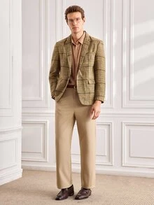 Officeau Men's Classic Brown Plaid Tweed Suit Jacket, Formal Blazer, Suitable For Office And Events - Khaki - View 3