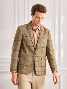 Officeau Men's Classic Brown Plaid Tweed Suit Jacket, Formal Blazer, Suitable For Office And Events - Khaki - View 5