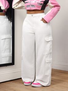 SHEIN Unity Plus Size Casual Versatile Solid Color Cargo Denim Jeans - White - View 3