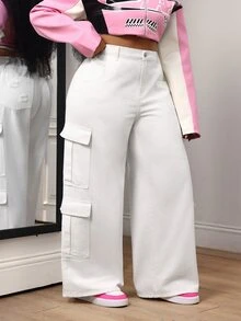 SHEIN Unity Plus Size Casual Versatile Solid Color Cargo Denim Jeans - White - View 5