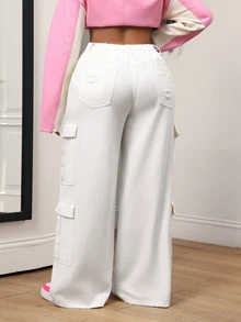 SHEIN Unity Plus Size Casual Versatile Solid Color Cargo Denim Jeans - White - View 2