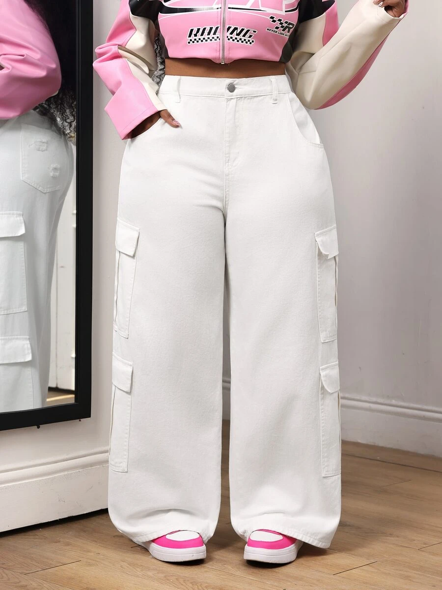 SHEIN Unity Plus Size Casual Versatile Solid Color Cargo Denim Jeans - White - View 1