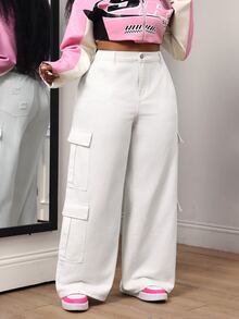 SHEIN Unity Plus Size Casual Versatile Solid Color Cargo Denim Jeans - White - View 4