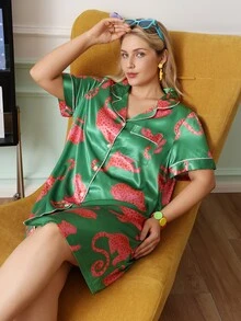 Chillnights Young Casual Leopard Print Lapel Button Satin Plus Size Nightgown - Multicolor - View 4