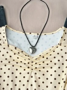 青少年女孩黑白波點抓皺胸部修身長袖百搭極簡學院風街頭風上衣 T-shirt - 黃色 - 查看 3