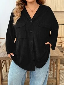 SHEIN CURVE+ Plus Size Women's Autumn Knit Textured Corduroy Ribbed Hooded Loose Shacket Fall Halloween Costume - Black - View 1