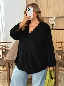 SHEIN CURVE+ Plus Size Women's Autumn Knit Textured Corduroy Ribbed Hooded Loose Shacket Fall Halloween Costume - Black - View 3