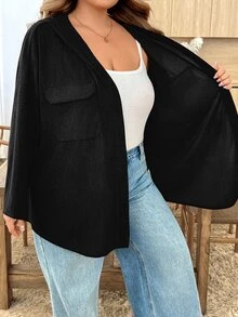 SHEIN CURVE+ Plus Size Women's Autumn Knit Textured Corduroy Ribbed Hooded Loose Shacket Fall Halloween Costume - Black - View 5