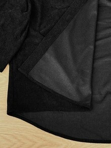 SHEIN CURVE+ Plus Size Women's Autumn Knit Textured Corduroy Ribbed Hooded Loose Shacket Fall Halloween Costume - Black - View 9